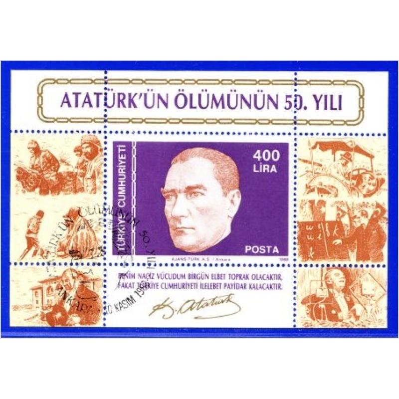 1988 Türkiye. Atatürk Ölümü 50 yıl. Özel Blok. ilk gün Özel Damgalı